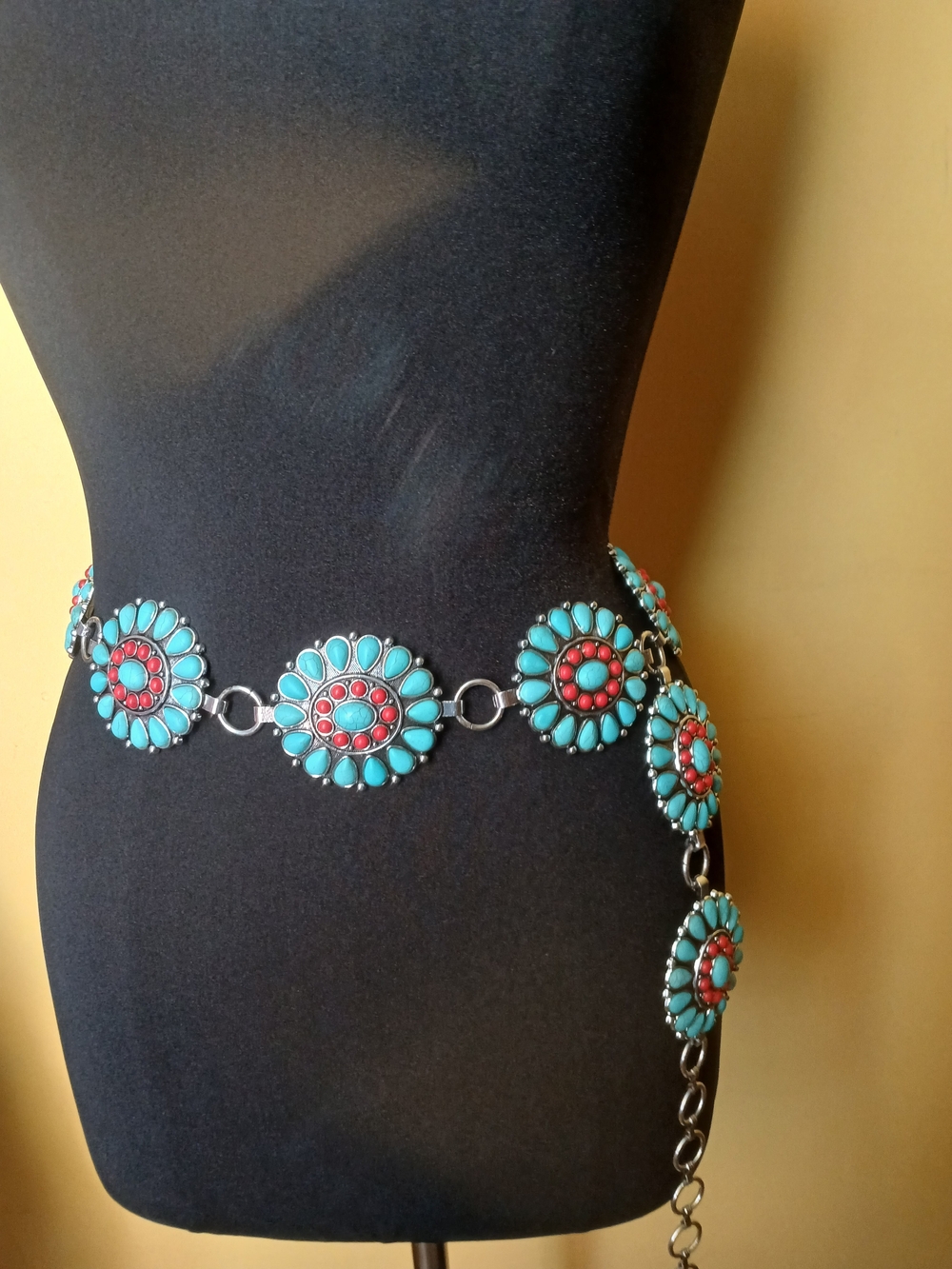 Turquoise and Coral Concho Waist Belt - Boho Floral Link Belt